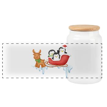Penguin Sleigh Ride in Winter Wonderland - Panoramic Cookie Jar with Wooden Lid - white - Front