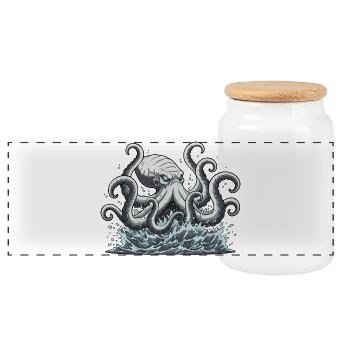 Kraken squid octopus - Panoramic Cookie Jar with Wooden Lid - white - Front