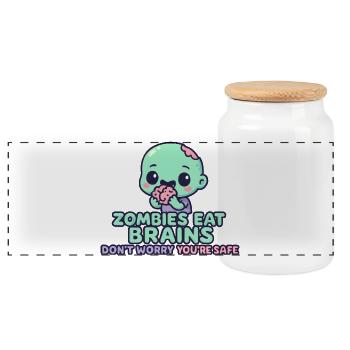 Kawaii Zombie Tastes Brain - Panoramic Cookie Jar with Wooden Lid - white - Front