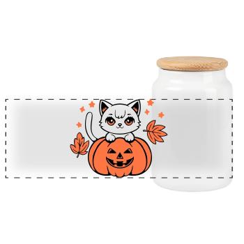 Autumn Cat White Pumpkin Maple Leaf Cute Halloween - Panoramic Cookie Jar with Wooden Lid - white - Front
