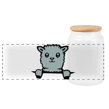 Cute llama fluffy alpaca peeking out - Panoramic Cookie Jar with Wooden Lid - white - Front
