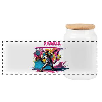 Tennis Neon Vintage Print Tennis Player - Panoramic Cookie Jar with Wooden Lid - white - Front