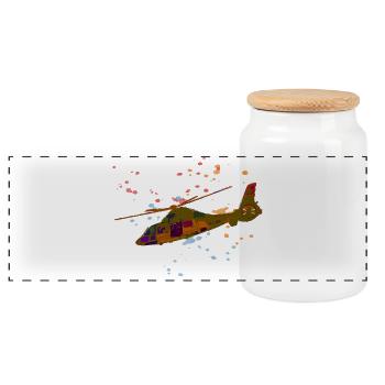 Bunter Hubschrauber Splatter-Design - Panorama Keksdose mit Holzdeckel - Weiß - Vorne