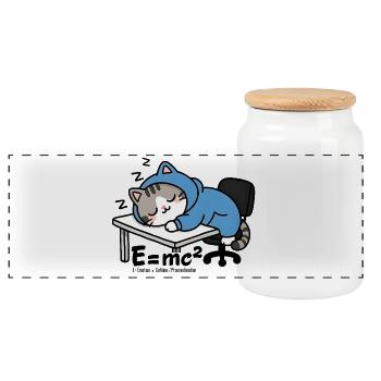 E = mc² - Chat Dormeur en Pyjama Bleu - Boîte à biscuits avec couvercle en bois - blanc - Devant