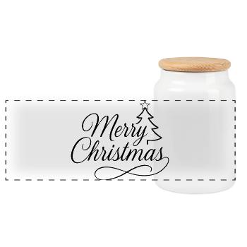 Elegant geschwungener Merry-Christmas Schriftzug - Panorama Keksdose mit Holzdeckel - Weiß - Vorne