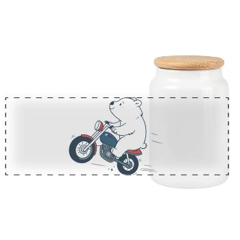Ours motard sur route audacieuse - Panorama Keksdose mit Holzdeckel - Weiß - Vorne