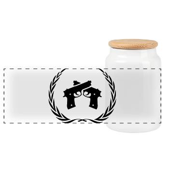Gun Symbol Wreath - Panoramic Cookie Jar with Wooden Lid - white - Front
