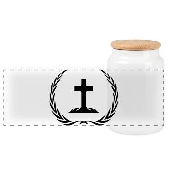 Cross Symbol Wreath - Panoramic Cookie Jar with Wooden Lid - white - Front