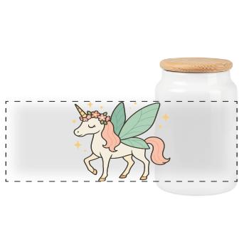 Cute Fairy Unicorn with Flowers and Sparkles - Panoramic Cookie Jar with Wooden Lid - white - Front