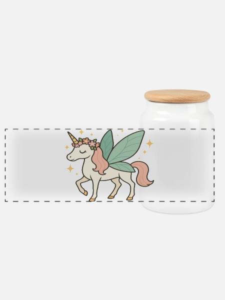 Niedliches Feen-Einhorn mit Blumen und Glitzern - Panorama Keksdose mit Holzdeckel - Weiß