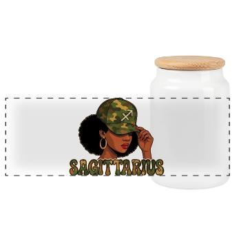 Sagittarius Queen – Camo Afro Girl Free Spirit - Panoramic Cookie Jar with Wooden Lid - white - Front