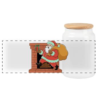 Santa Claus enters fireplace gift night tree deer - Panoramic Cookie Jar with Wooden Lid - white - Front