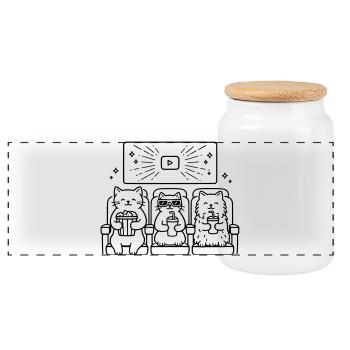 Katzen Kino Line Art - Panorama Keksdose mit Holzdeckel - Weiß - Vorne