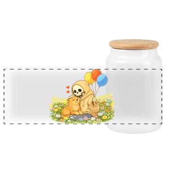 Cozy skeleton with cat on flower meadow - Panoramic Cookie Jar with Wooden Lid - white - Front