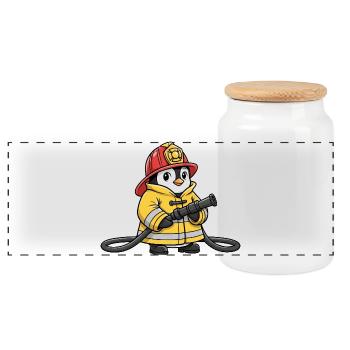 Cute Penguin Fire Brigade Rescuer Cartoon Helper Hero - Panoramic Cookie Jar with Wooden Lid - white - Front