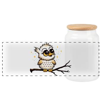 Cute Owl on a Branch – Cute Owl Motif - Panoramic Cookie Jar with Wooden Lid - white - Front