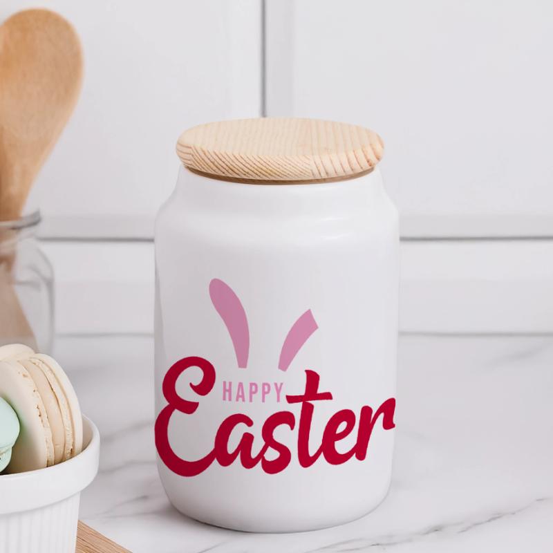 Happy Easter Bunny Scripture Panoramic Cookie Jar with Wooden Lid