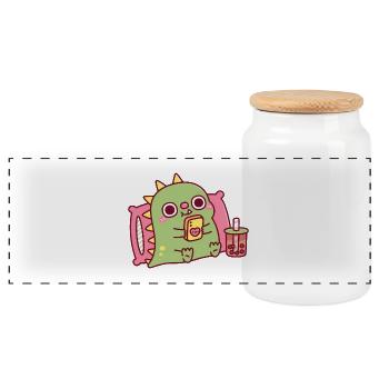 Cute Dinosaur Chilling And Scrolling On Phone - Panoramic Cookie Jar with Wooden Lid - white - Front