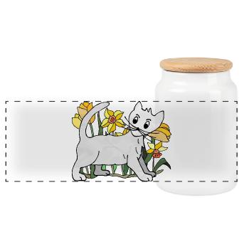 cat - Panoramic Cookie Jar with Wooden Lid - white - Front