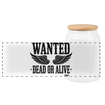 Wanted Dead or Alive with wings - Panoramic Cookie Jar with Wooden Lid - white - Front