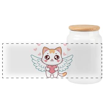 Pastel Heart Angel Cat - Panoramic Cookie Jar with Wooden Lid - white - Front
