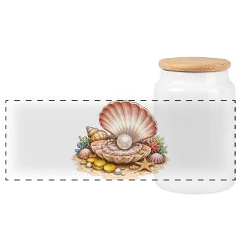 Pearl Shell with Treasure Illustration - Panoramic Cookie Jar with Wooden Lid - white - Front