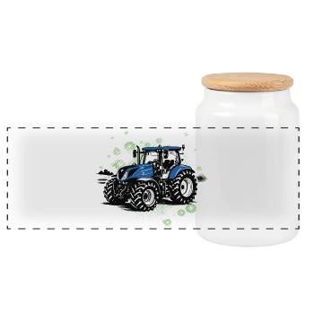 Blauer Traktor – Vintage Halftone Trekker - Panorama Keksdose mit Holzdeckel - Weiß - Vorne
