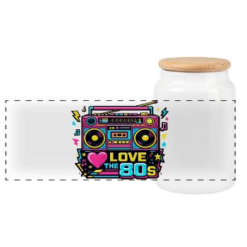 Liebe die 80er Neon-Boombox - Panorama Keksdose mit Holzdeckel - Weiß - Vorne