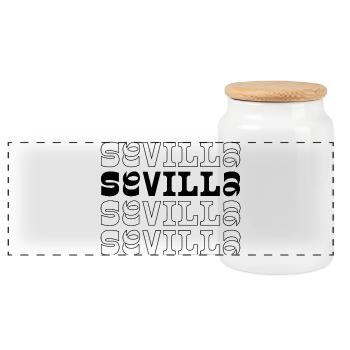 Logo der Wiederholungstypografie der Stadt Sevilla Spanien - Panorama Keksdose mit Holzdeckel - Weiß - Vorne