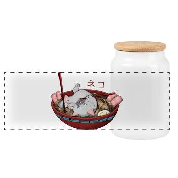 Cute Cat Eating Ramen Funny Shirt - Panoramic Cookie Jar with Wooden Lid - white - Front