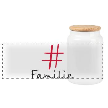 #Familie – Modernes Hashtag Textdesign - Panorama Keksdose mit Holzdeckel - Weiß - Vorne