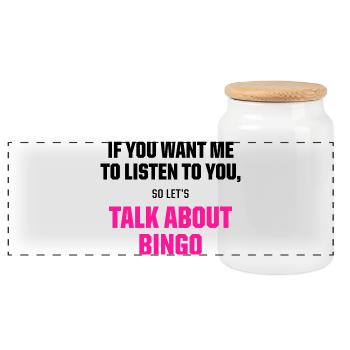 Parlez-nous d’une citation amusante de jeu de bingo - Boîte à biscuits avec couvercle en bois - blanc - Devant