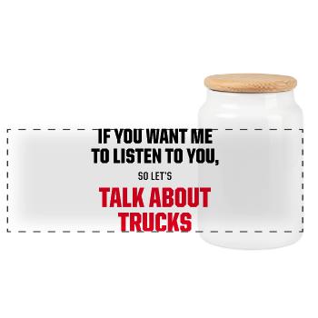 Let's Talk About Trucks Funny Trucker Quote - Panorama Keksdose mit Holzdeckel - Weiß - Vorne