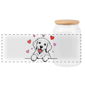 Golden_Retriever_Welpen_Pfote_Herz_weiss - Panorama Keksdose mit Holzdeckel - Weiß - Vorne
