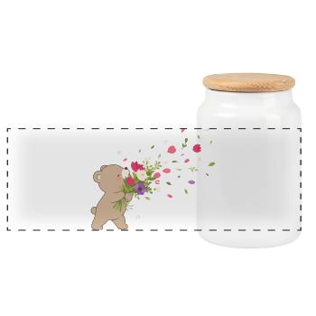 Cute bear with bouquet of flowers motif - Panoramic Cookie Jar with Wooden Lid - white - Front