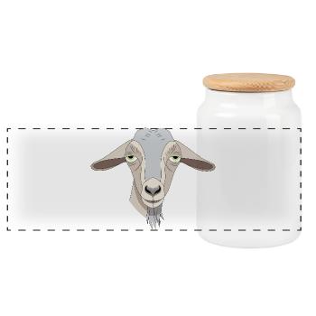 Sleepy Goat Cartoon Face - Panoramic Cookie Jar with Wooden Lid - white - Front