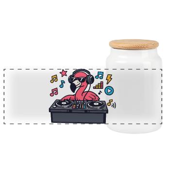 Flamingo DJ in turntable style - Panoramic Cookie Jar with Wooden Lid - white - Front