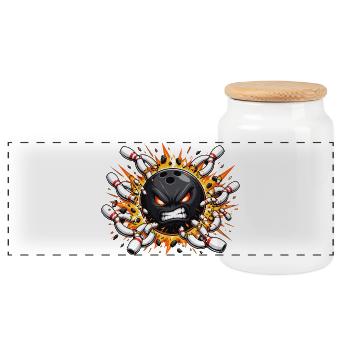 Angry bowling ball in explosion design - Panoramic Cookie Jar with Wooden Lid - white - Front