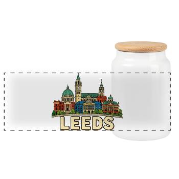 Bâtiments emblématiques de la ville de Leeds dessinés à la main en rétro - Boîte à biscuits avec couvercle en bois - blanc - Devant