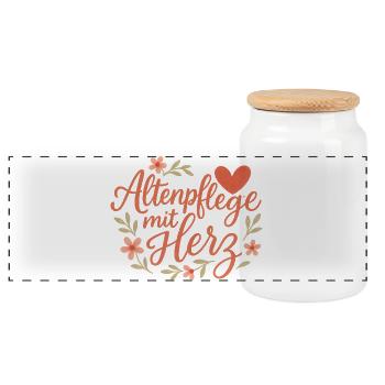 Altenpflege Herz Blüten-Design - Panorama Keksdose mit Holzdeckel - Weiß - Vorne