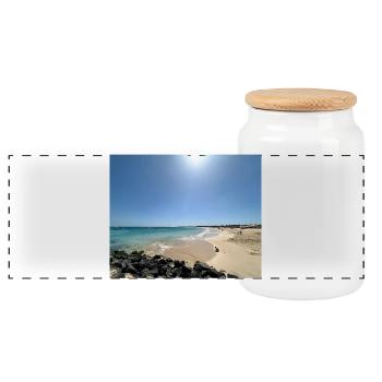 Beach in the sun: blue and sand - Panoramic Cookie Jar with Wooden Lid - white - Front