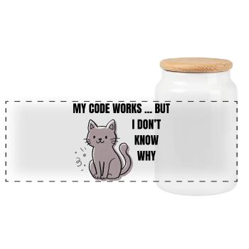 My Code Works - Funny Programmer Cat - Panoramic Cookie Jar with Wooden Lid - white - Front