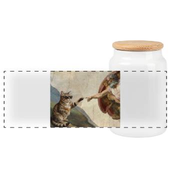 Cat Slaps God's Hand Funny Cats Meme - Panoramic Cookie Jar with Wooden Lid - white - Front