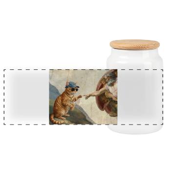 Cat Slaps God's Hand Funny Cats Meme - Panoramic Cookie Jar with Wooden Lid - white - Front
