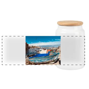 Blue boats in the harbor - Panoramic Cookie Jar with Wooden Lid - white - Front