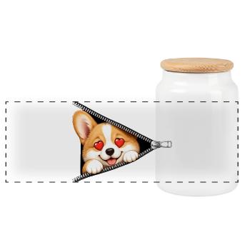 Corgi Hund Reißverschluss - Panorama Keksdose mit Holzdeckel - Weiß - Vorne