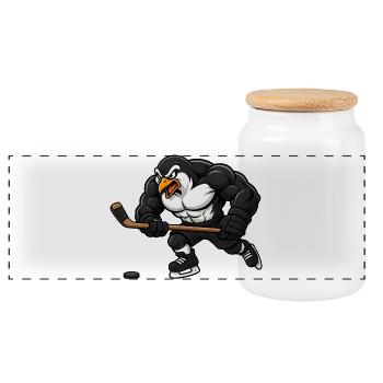 Pinguin Eishockey Spieler Comic Motiv - Panorama Keksdose mit Holzdeckel - Weiß - Vorne