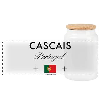 Cascais Portugal Coordinates Travel Souvenir - Panoramic Cookie Jar with Wooden Lid - white - Front