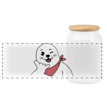 Winking Seal Wearing a Bandana Throwing Shaka Sign - Panoramic Cookie Jar with Wooden Lid - white - Front