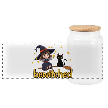 Witch and cat in star magic - Panoramic Cookie Jar with Wooden Lid - white - Front